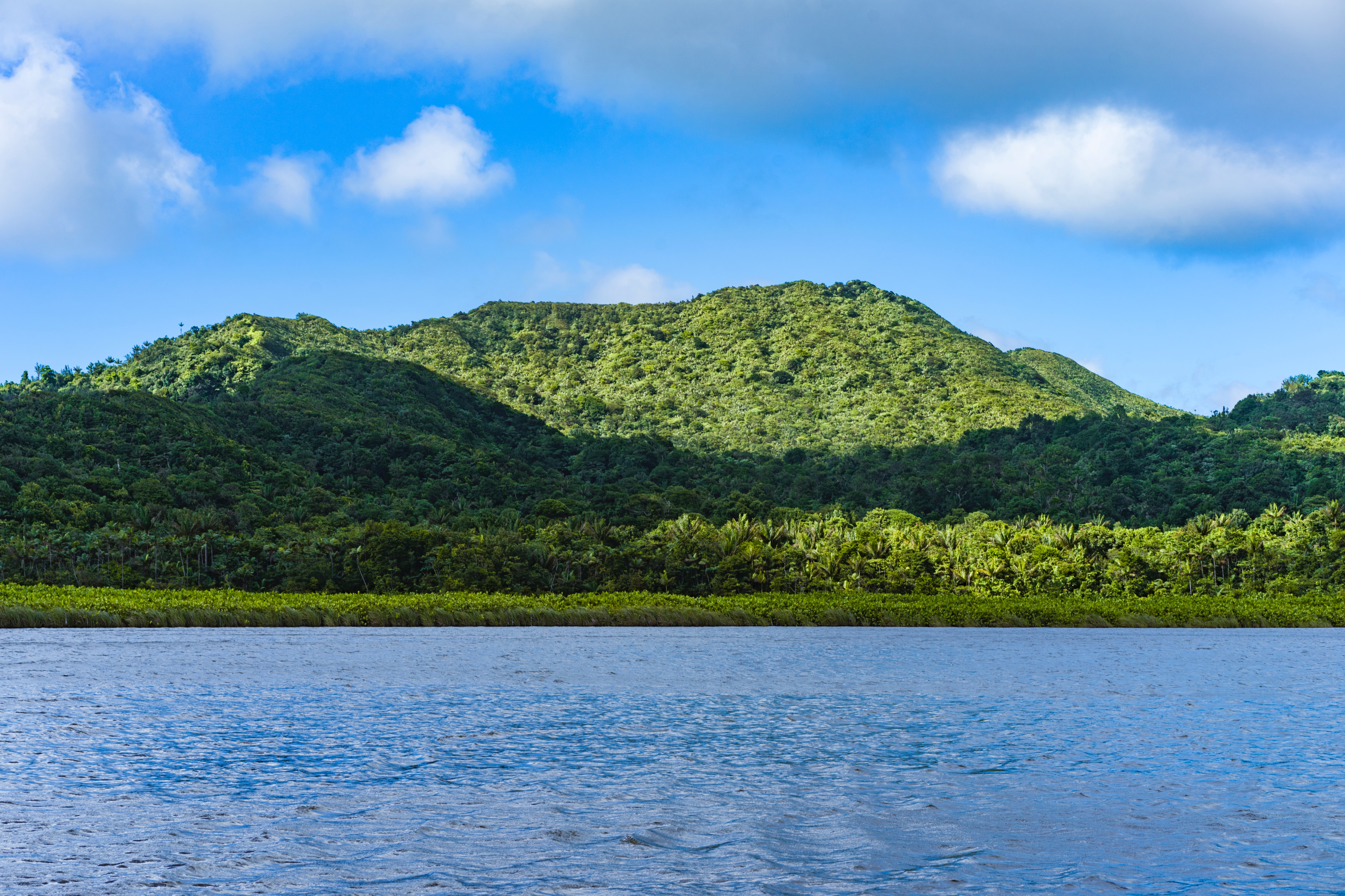 Photo of a lush green mountain with a lake in the foreground. Best things to do in Grenada.